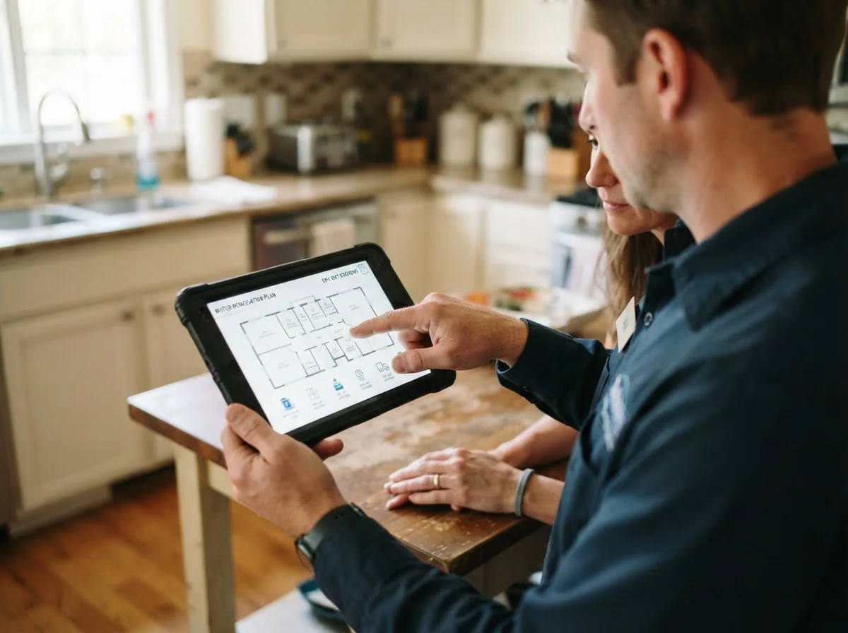Water damage restoration technician inspecting a home in Rutherford College, NC